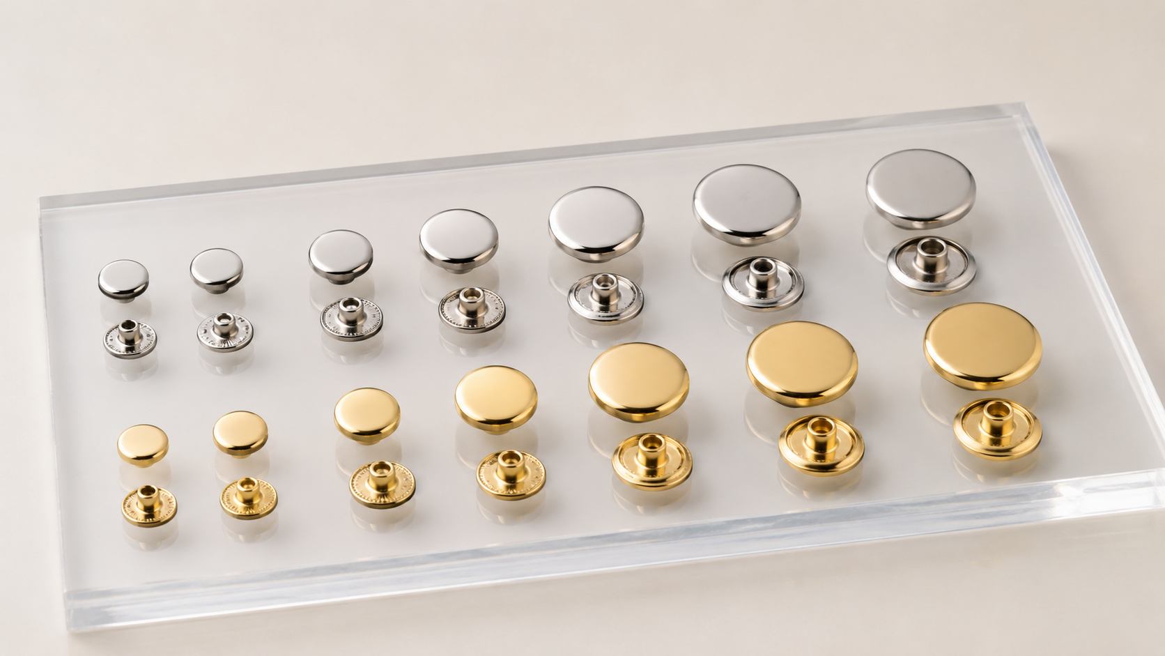 snap fastener replacement, Snap fastener replacement components in gold and silver finishes are arranged by size on a clear acrylic display stand.